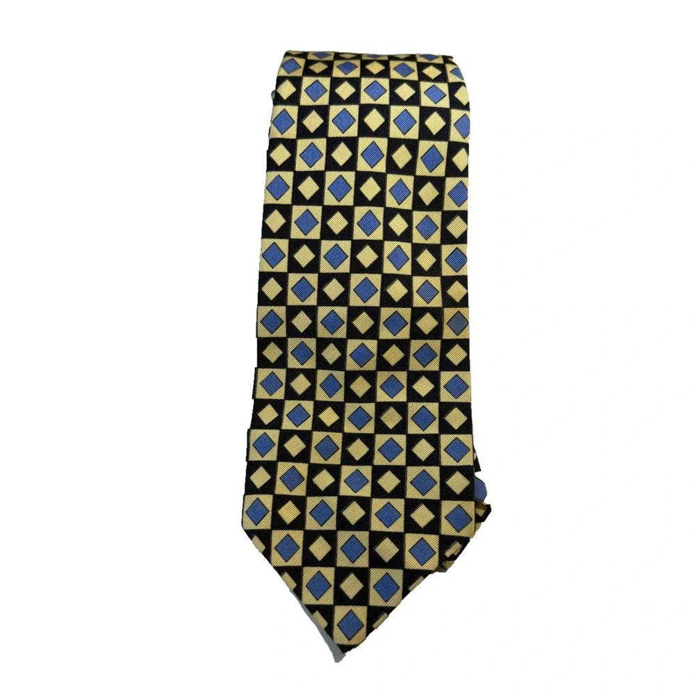 Polo Ralph Lauren Silk Tie Yellow Blue Geometric Diamond Handmade Germany Mens